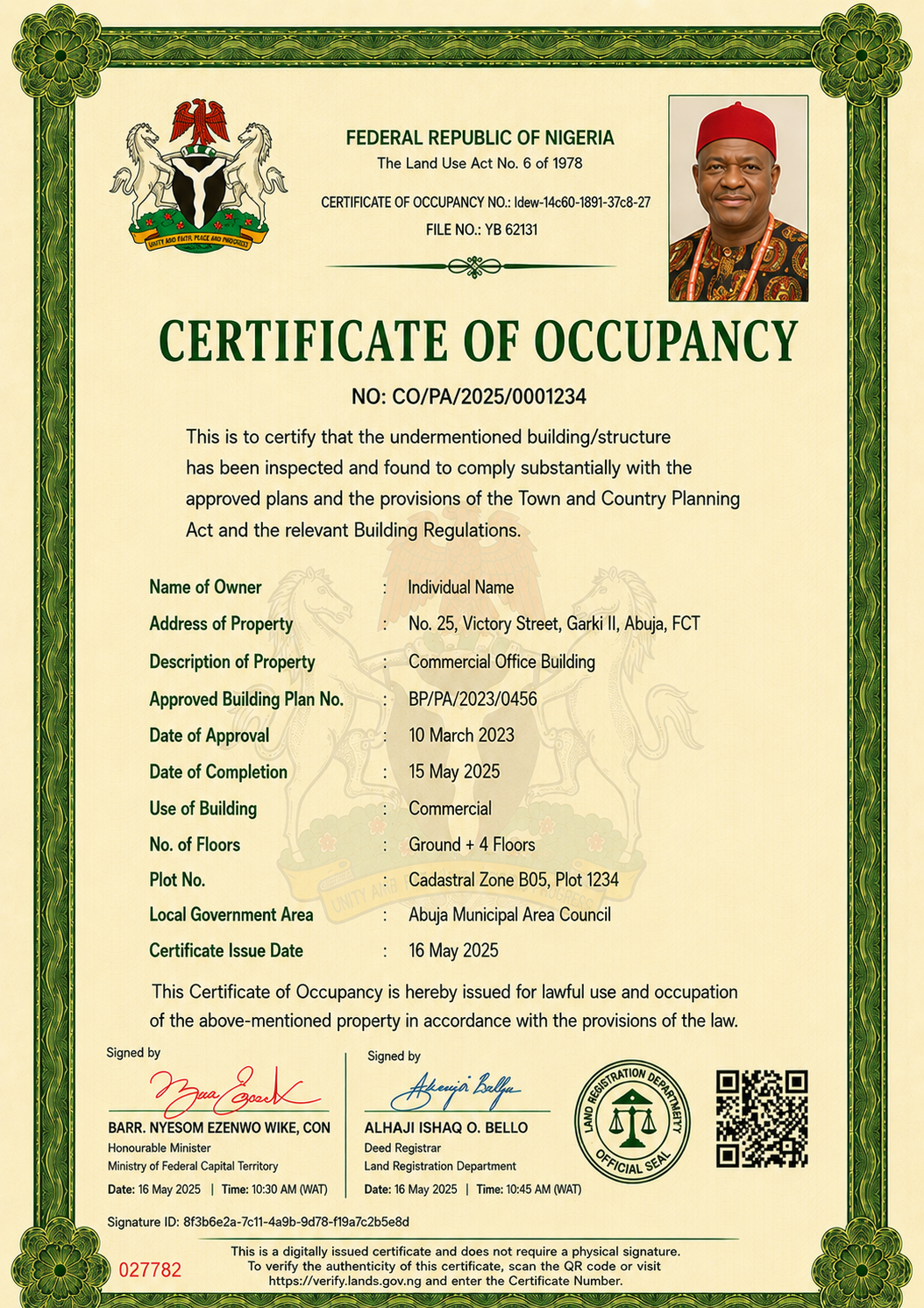 Sample FCT Right of Occupancy certificate